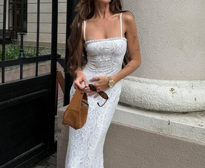 Spaghetti Strap Plain Frill Lace Maxi Sheath Dress Product Image