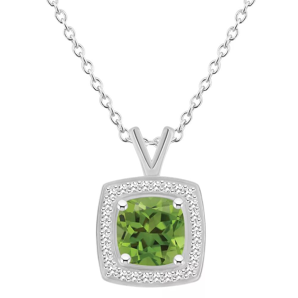 Celebration Gems Sterling Silver Cushion Gemstone & 1/8 Carat T.W. Diamond Halo Pendant Necklace, Women's, Size: 18", Peridot Product Image