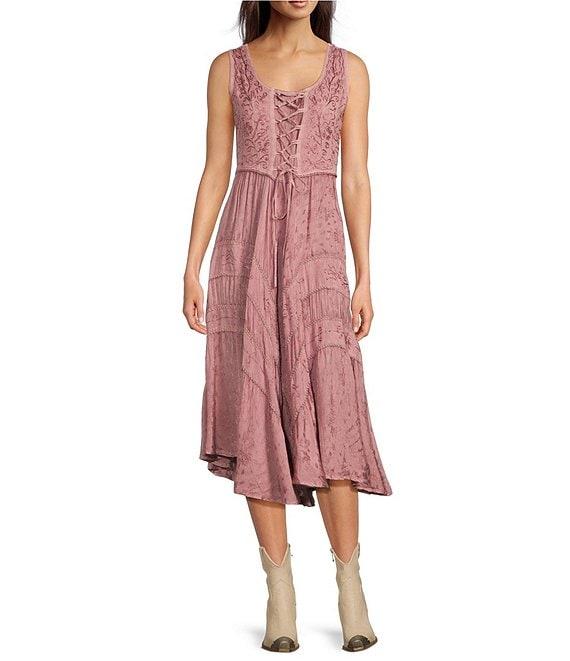 Scully Sleeveless Lace-Up Embroidered Floral Jacquard Tie Waist Midi Dress Product Image