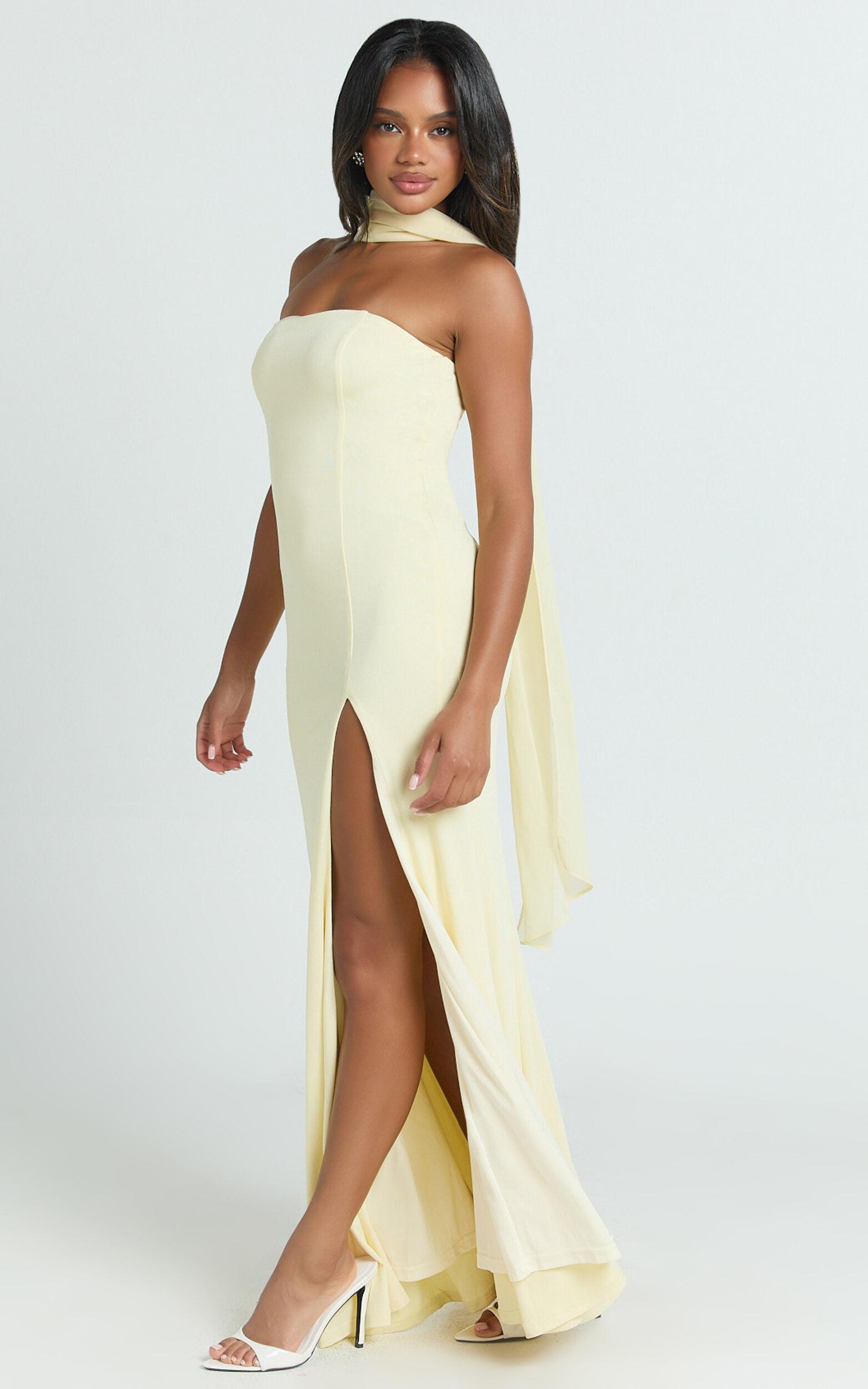Dorothea Maxi Dress - Georgette Scarf Fit and Flare Dress in Lemon Product Image