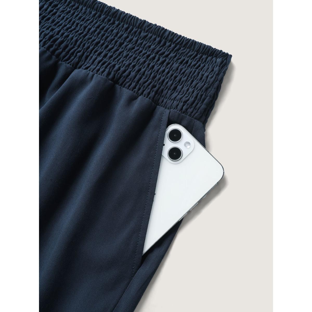 Plus Size Shirred Waist Solid Straight-Leg Pants Women Midnight Leisure Straight Leg Mid Rise Vacation Pants BloomChic 28/5X Product Image