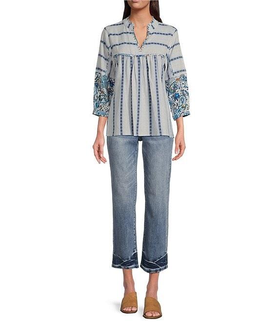 Tru Luxe Jeans Yarn Dyed Dobby 3/4 Balloon Sleeve Top Product Image