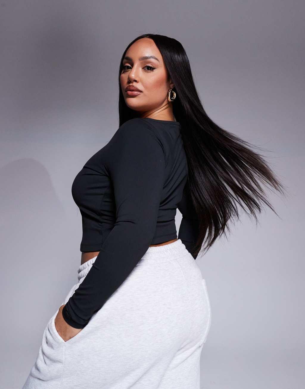 ASOS DESIGN Curve sculpting boat neck long sleeve top in black Product Image