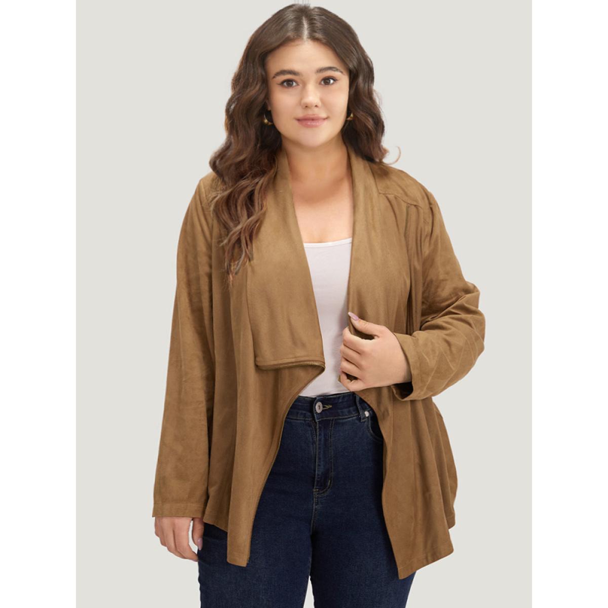 Plus Size Plain Zipper Lapel Collar Jacket Women Bronze Casual Plain Ladies Dailywear Winter Coats BloomChic 12/L Product Image