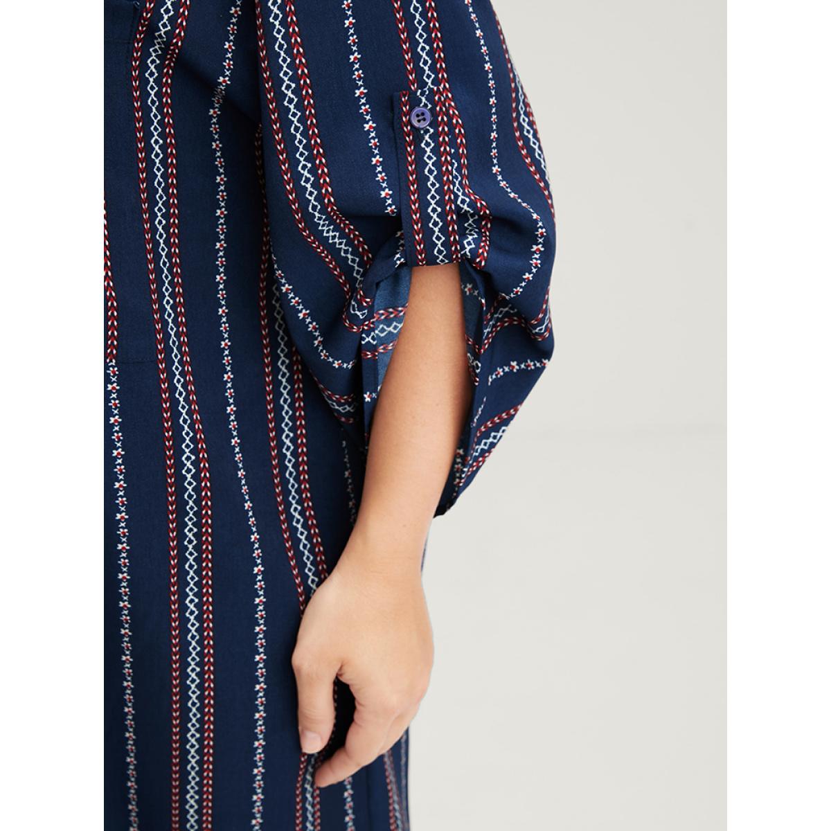 Plus Size Asymmetrical Striped Patchwork Button Pocket Cuffed Sleeve Midi Dress DarkBlue Women Vacation Button V-neck Long Sleeve Curvy Midi Dress BloomChic 30/6X Product Image