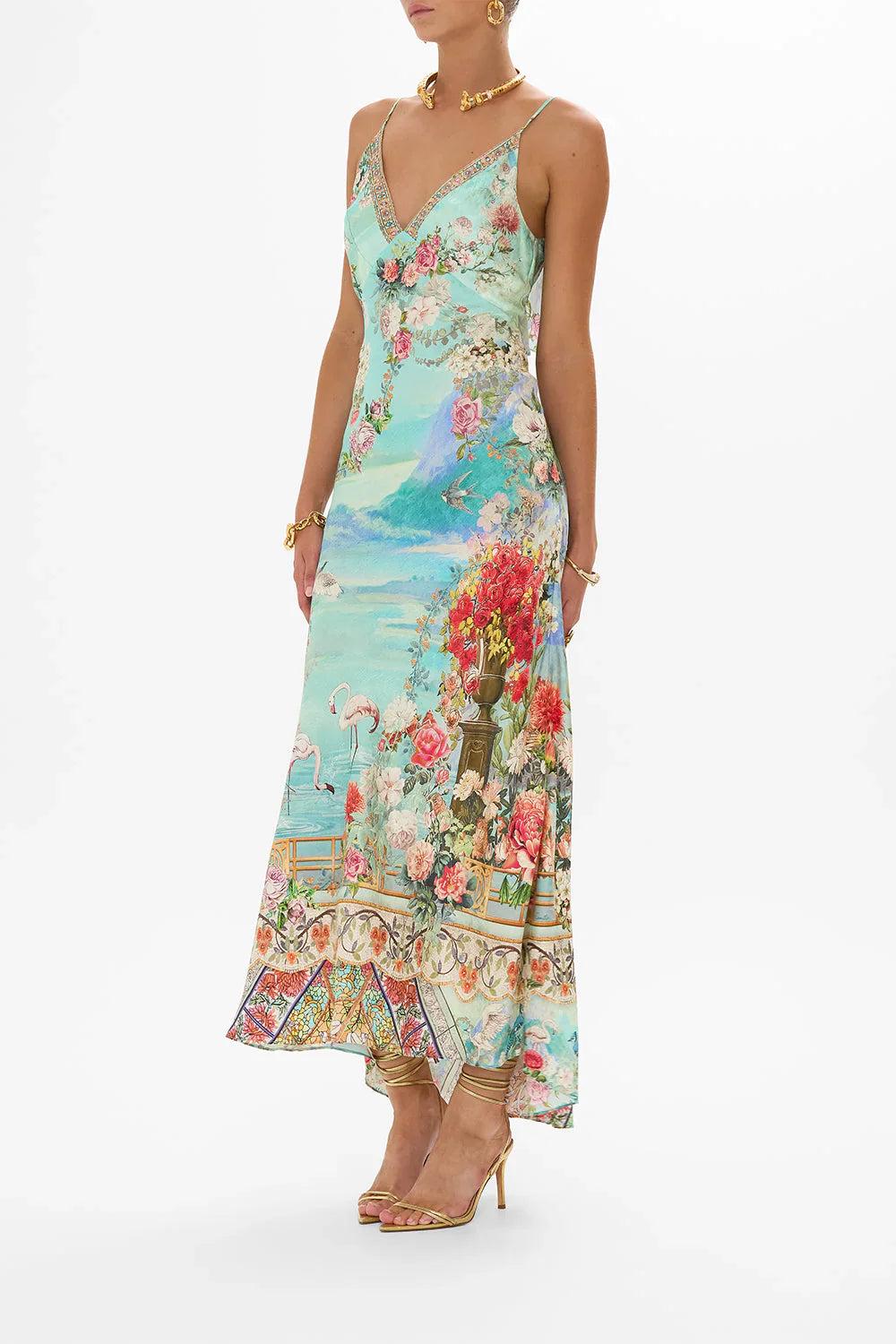 CAMILLA V NECK BIAS SLIP DRESS WITH BACK FRILL -SALE Product Image