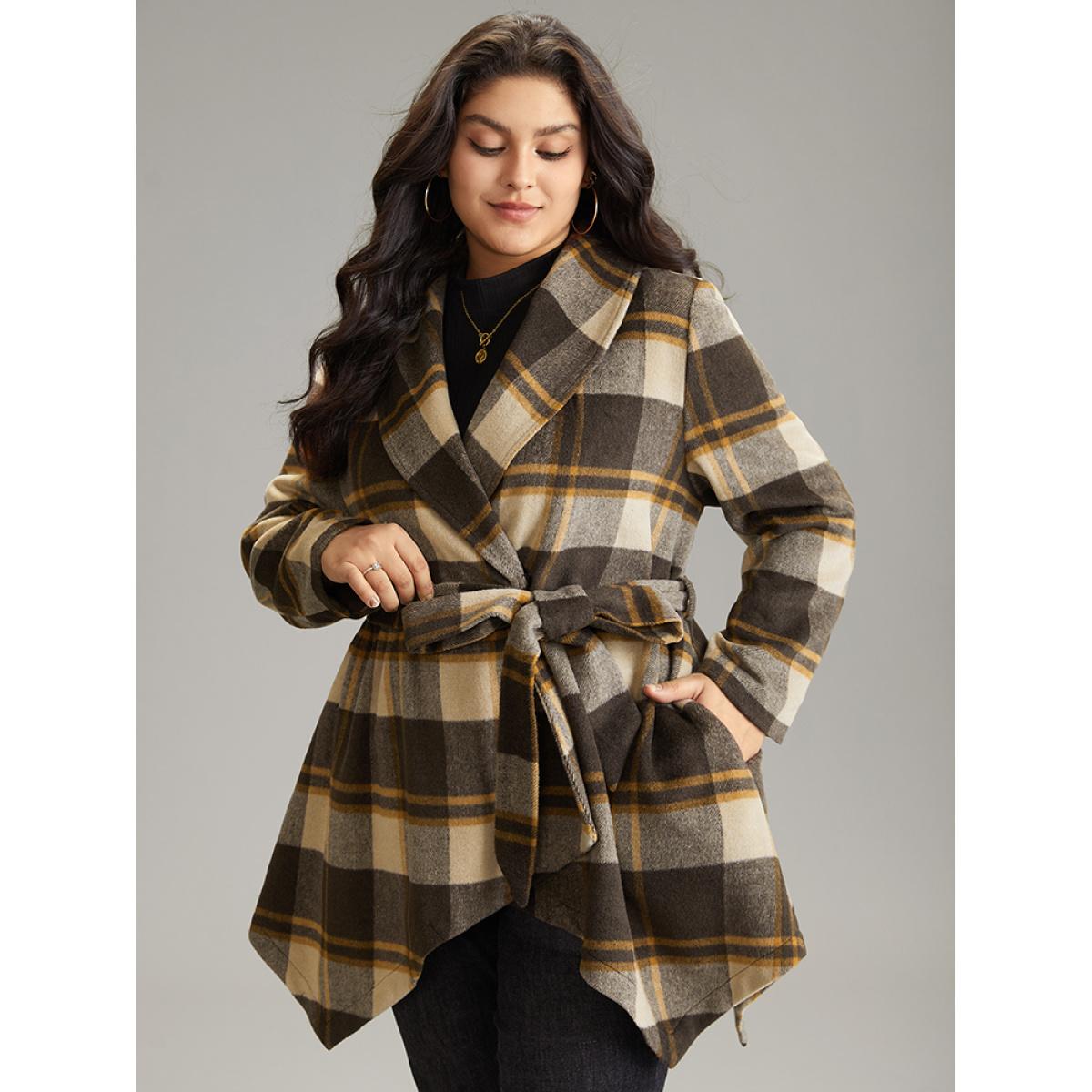 Plus Size Plaid Belted Lapel Collar Hanky Hem Coat Women DarkBrown Casual Belted Ladies Dailywear Winter Coats BloomChic 14-16/1X Product Image