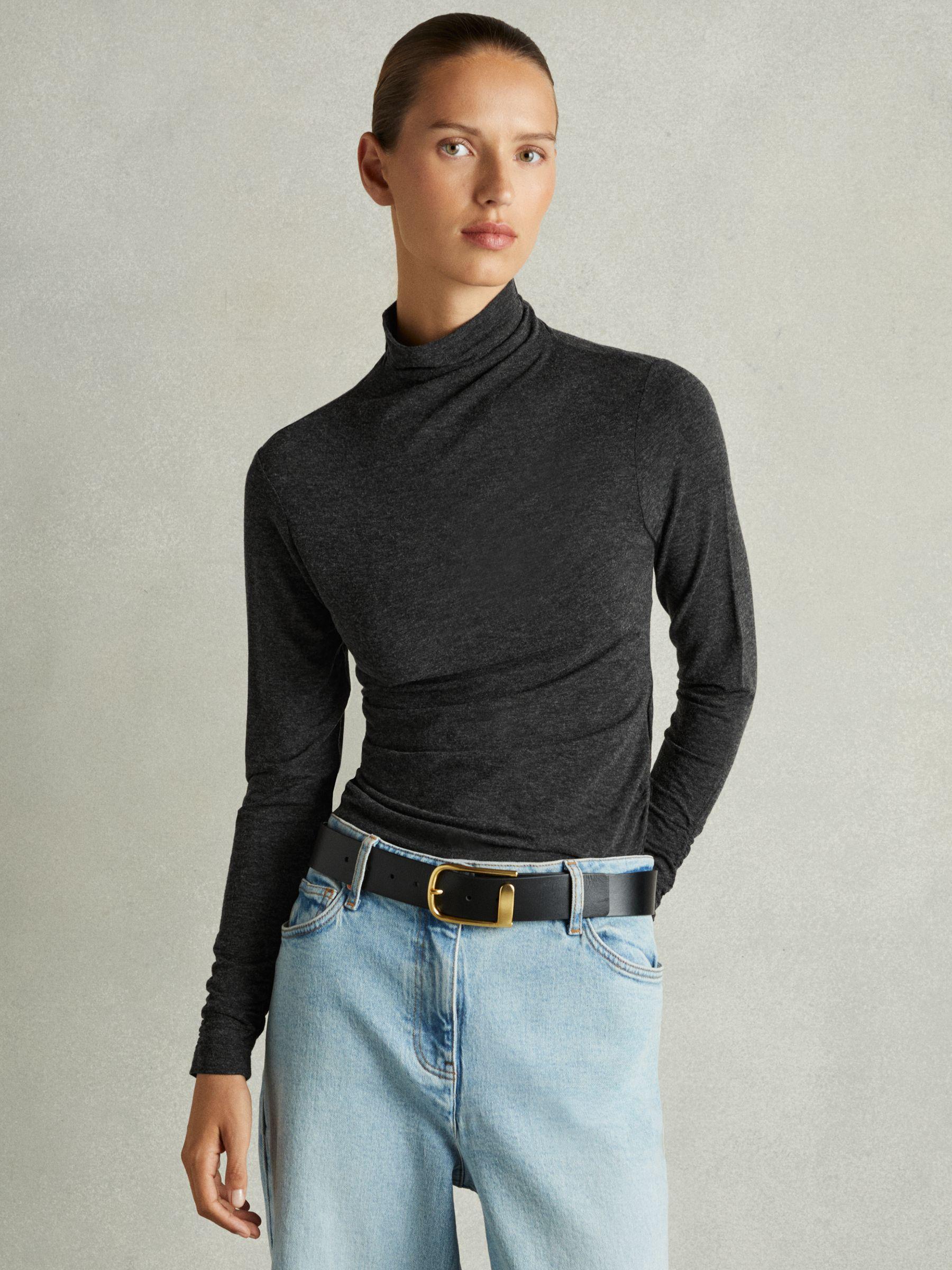 Ruched Jersey Top with Wool in Black Product Image