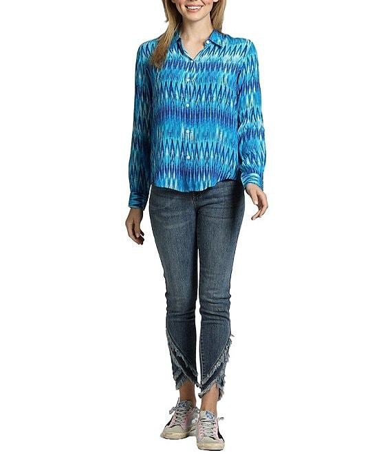 APNY Printed Spread Collar Neckline Long Sleeve Top Product Image