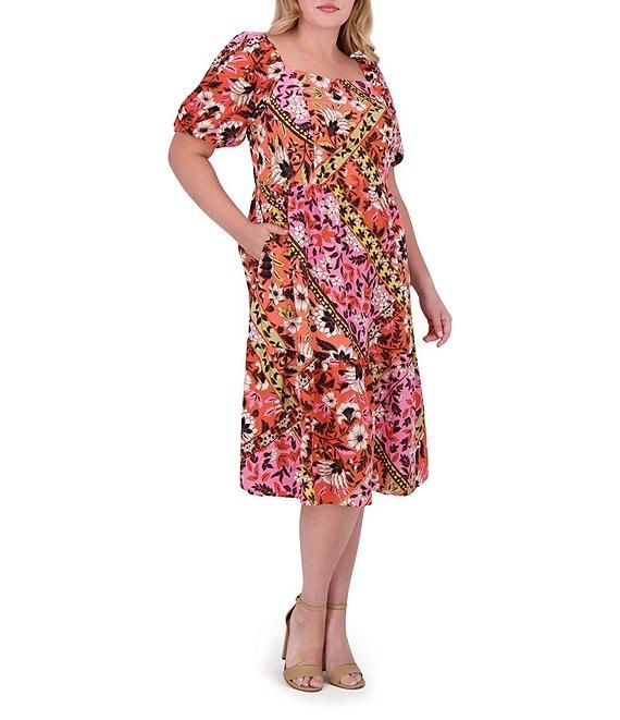 Vince Camuto Plus Size Floral Woven Square Neck Short Puff Sleeve Midi Dress Product Image