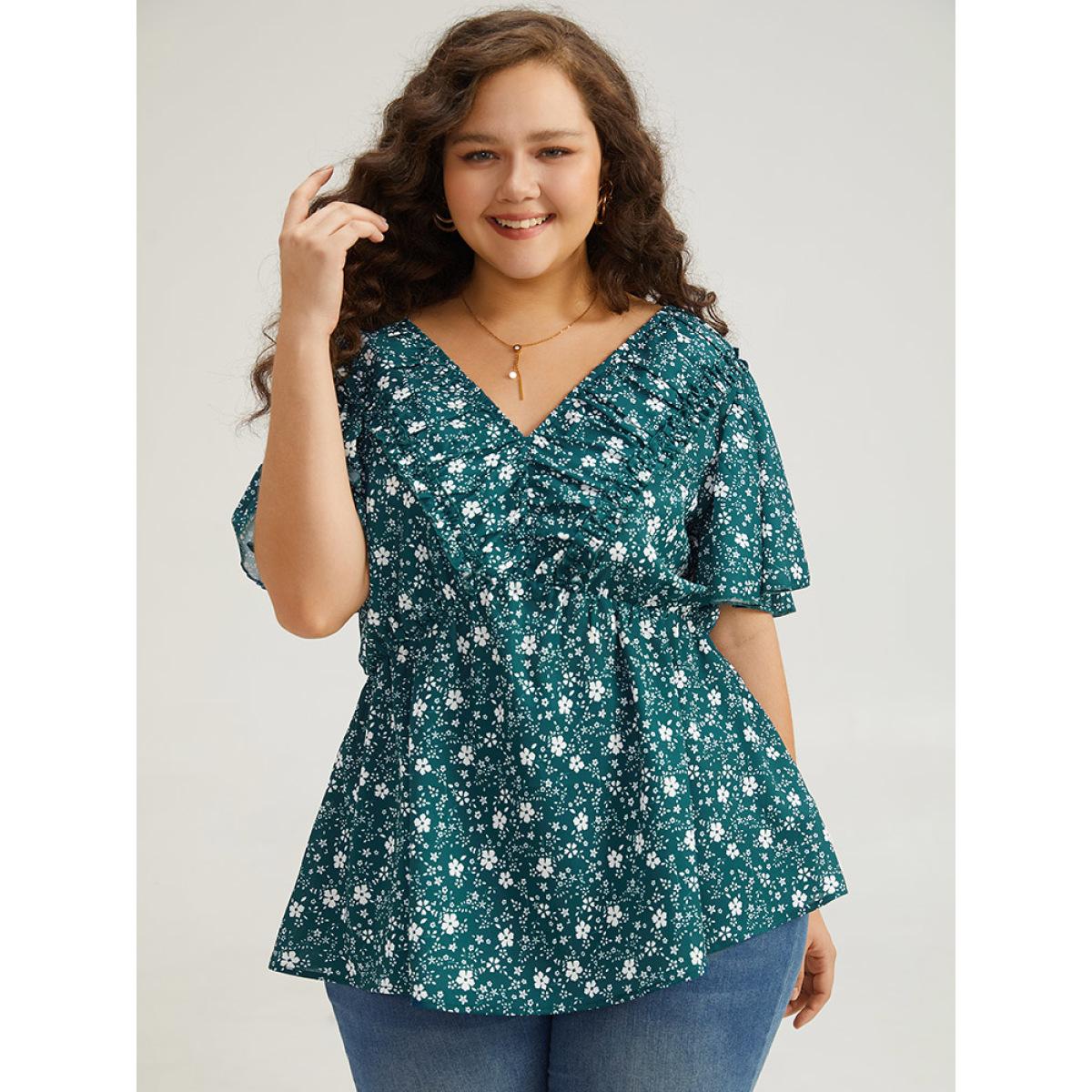 Plus Size Cyan Ditsy Floral Flutter Sleeve Ruched Blouse Women Elegant Short sleeve V-neck Dailywear Blouses BloomChic 26/4X Product Image