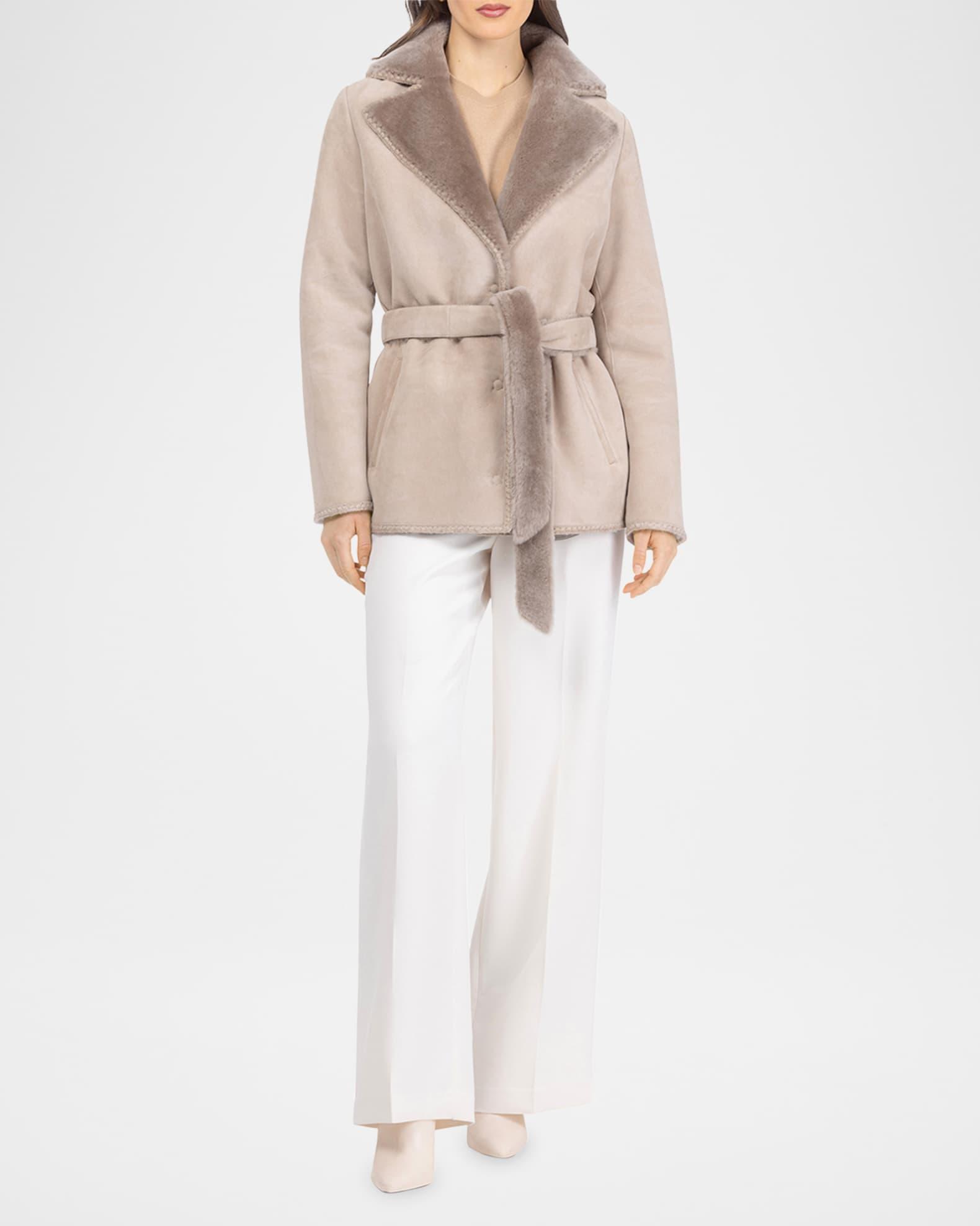 Merino Shearling Lamb Belted Jacket With Whipstitch Trim Product Image