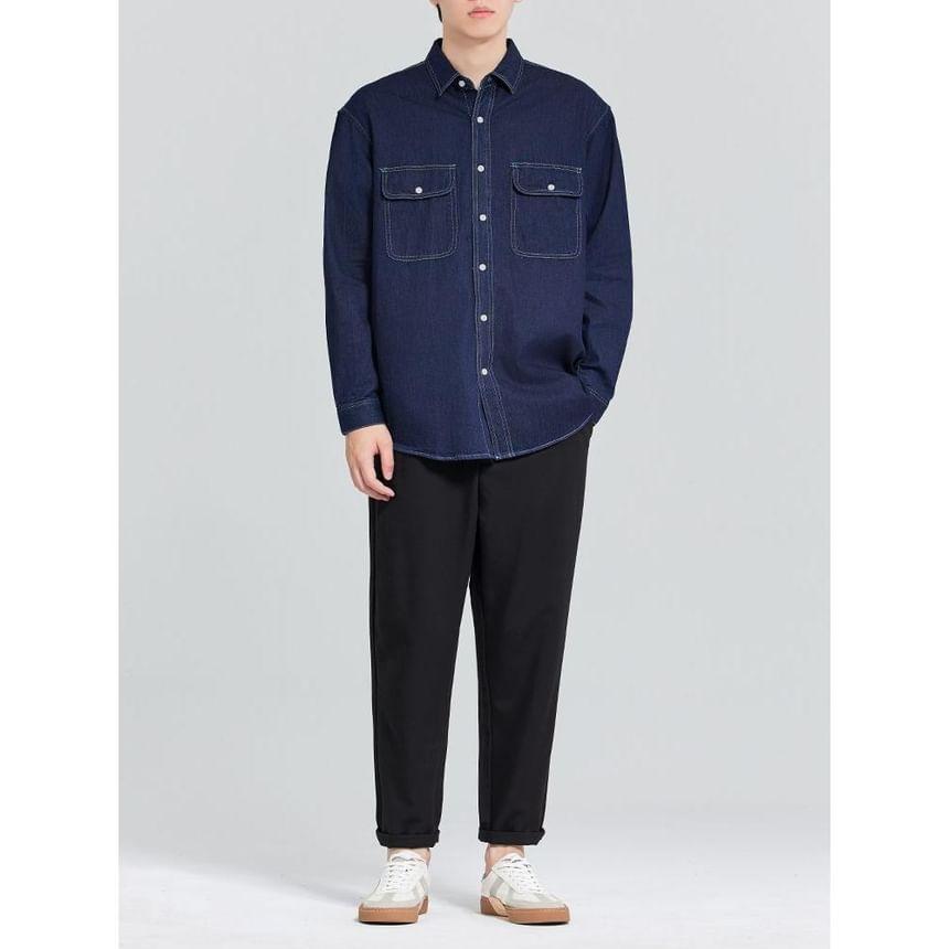 Long Sleeve Collared Denim Cargo Shirt Product Image