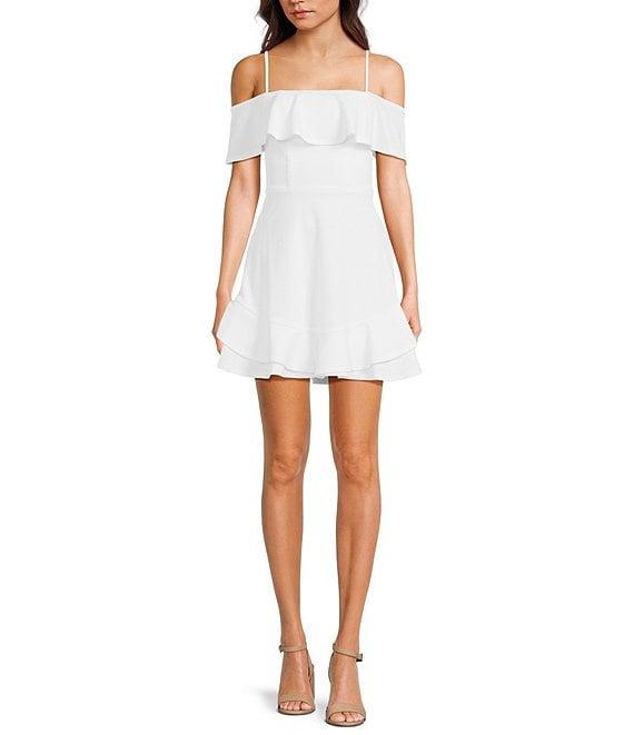 Next Up Off-The-Shoulder Adjustable Spaghetti Strap Twist Back Double Ruffle Hem Skirt Dress Product Image