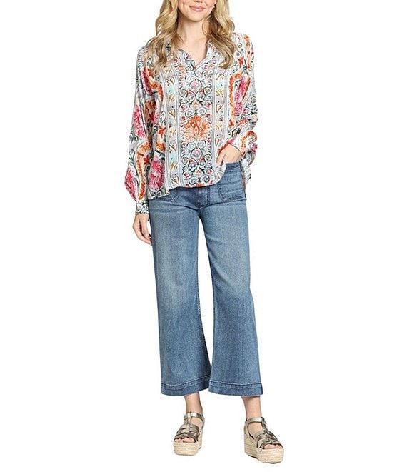 APNY Woven Printed V-Neck Half Placket Long Sleeve Blouse Product Image