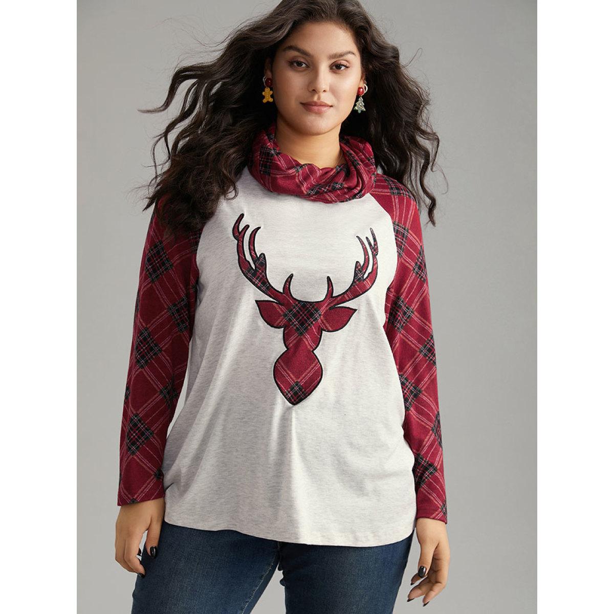 Plus Size Elk Plaid Patchwork Cowl Neck T-shirt LightGray Women Casual Contrast Christmas Cowl Neck Festival-Christmas T-shirts BloomChic 10/M Product Image