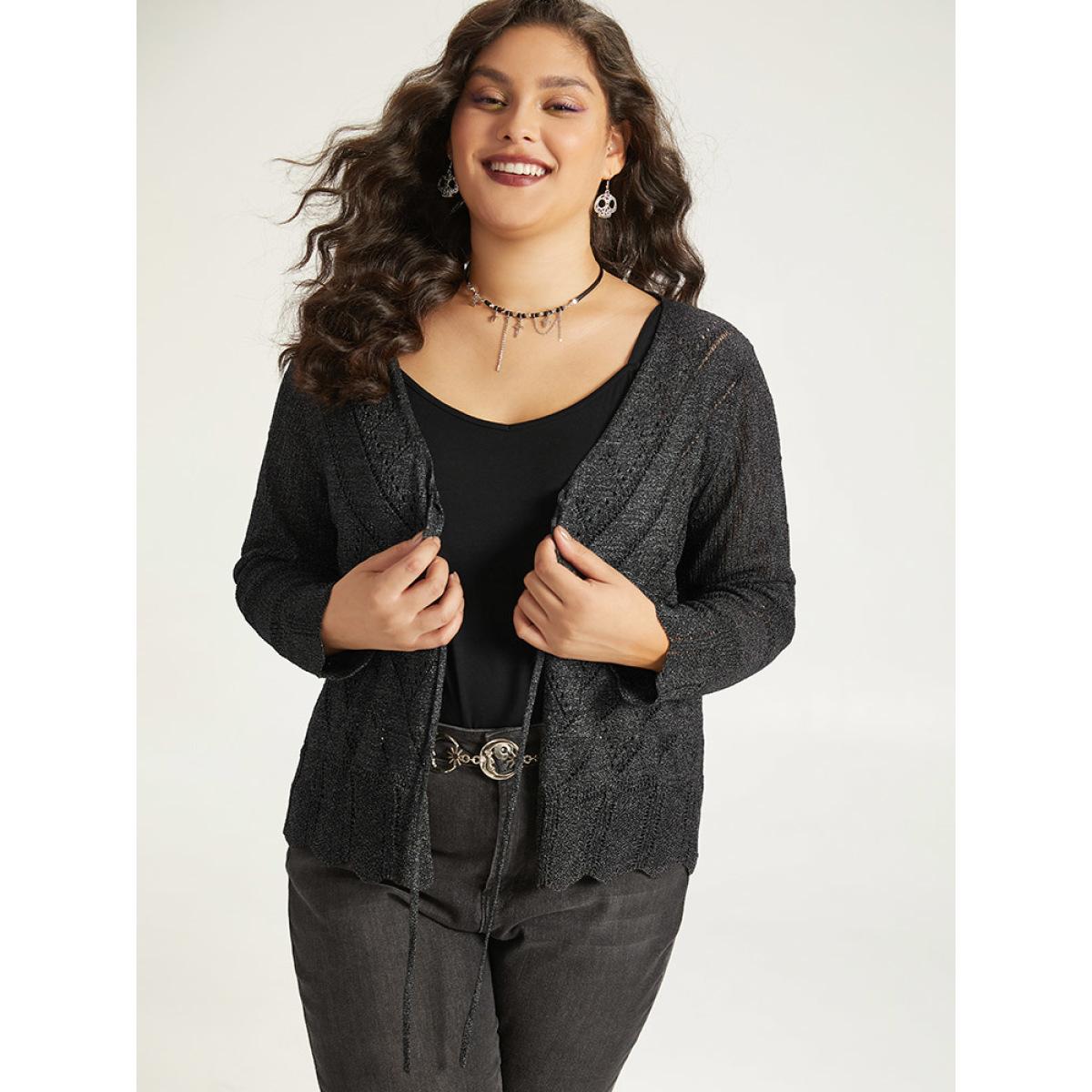 Plus Size Supersoft Essentials Halloween Plain Hollow Out Ties Open Front Cardigan Black Women Casual Loose Long Sleeve Everyday Cardigans BloomChic 22-24/3X Product Image