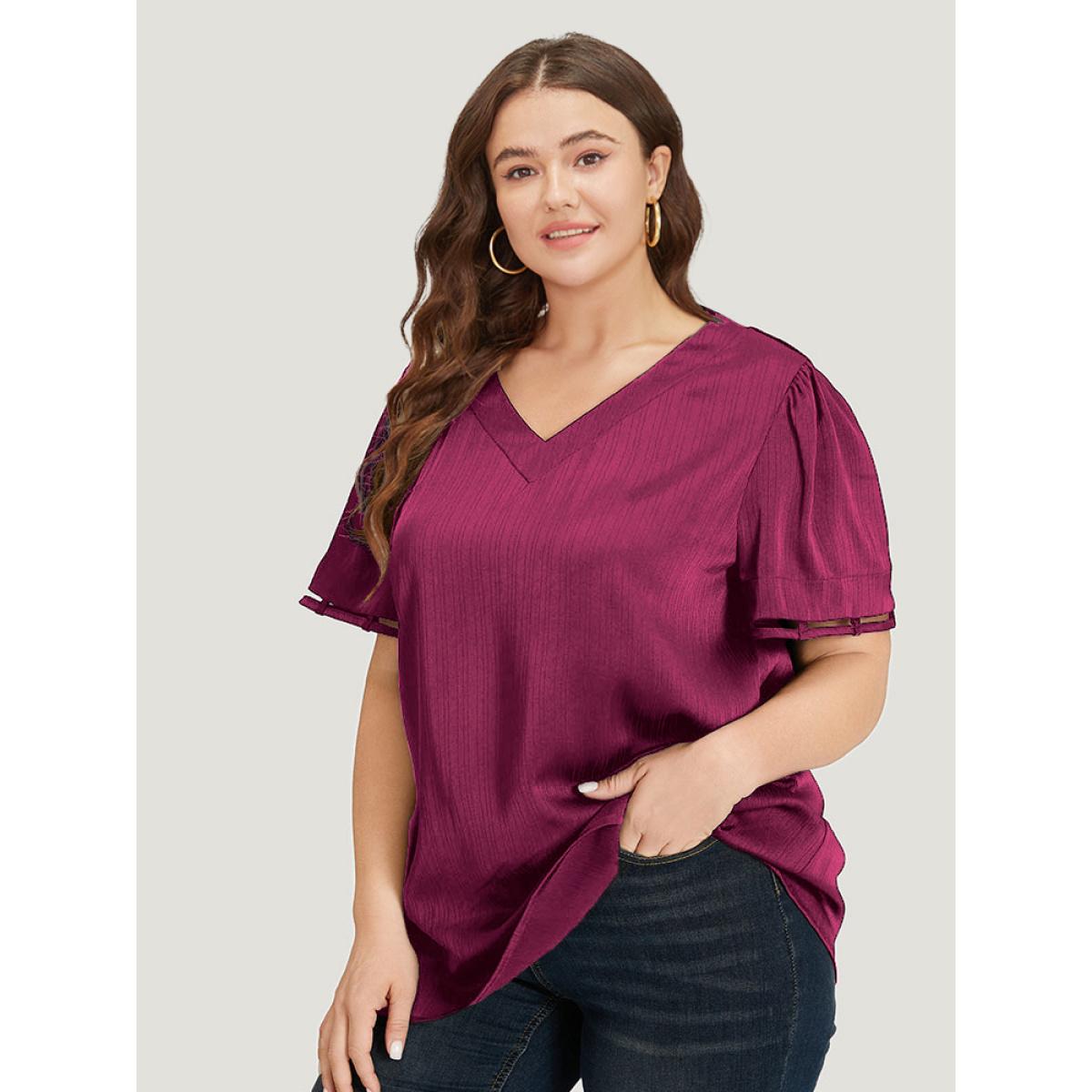 Plus Size Purple Plain Cut Out V Neck Blouse Women Office Short sleeve V-neck Work Blouses BloomChic 30/6X Product Image