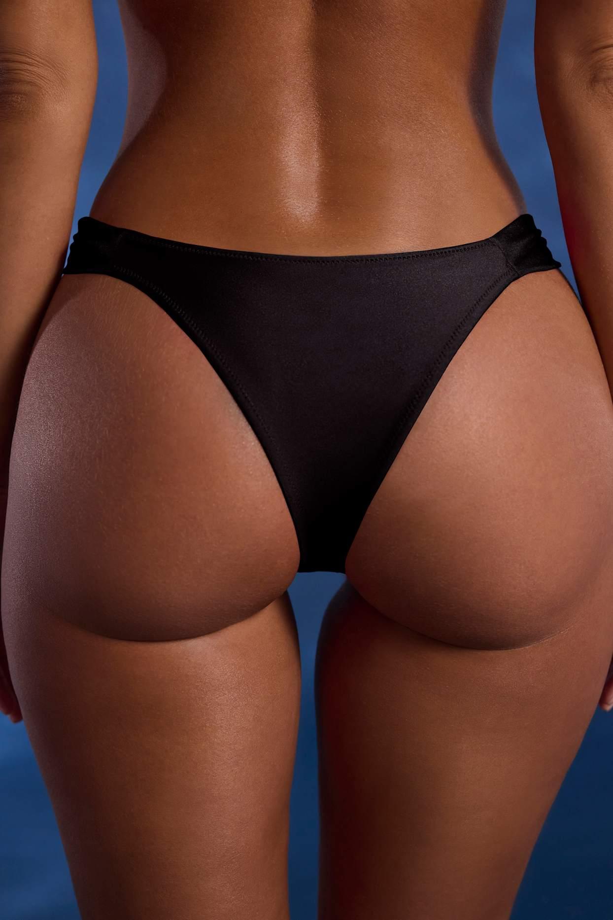 Bead-Embellished Wide-Strap Cheeky Bikini Bottoms in Black Product Image