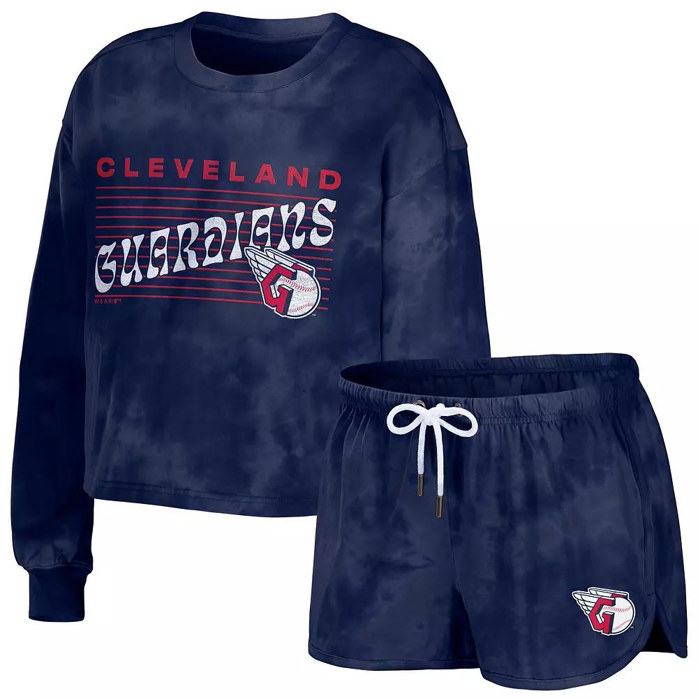 Women's WEAR by Erin Andrews Navy Cleveland Guardians Tie-Dye Cropped Pullover Sweatshirt & Shorts Lounge Set,  Product Image