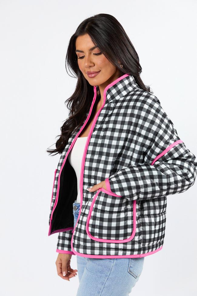 Going For It Black Gingham Printed Zip Up Jacket FINAL SALE Product Image