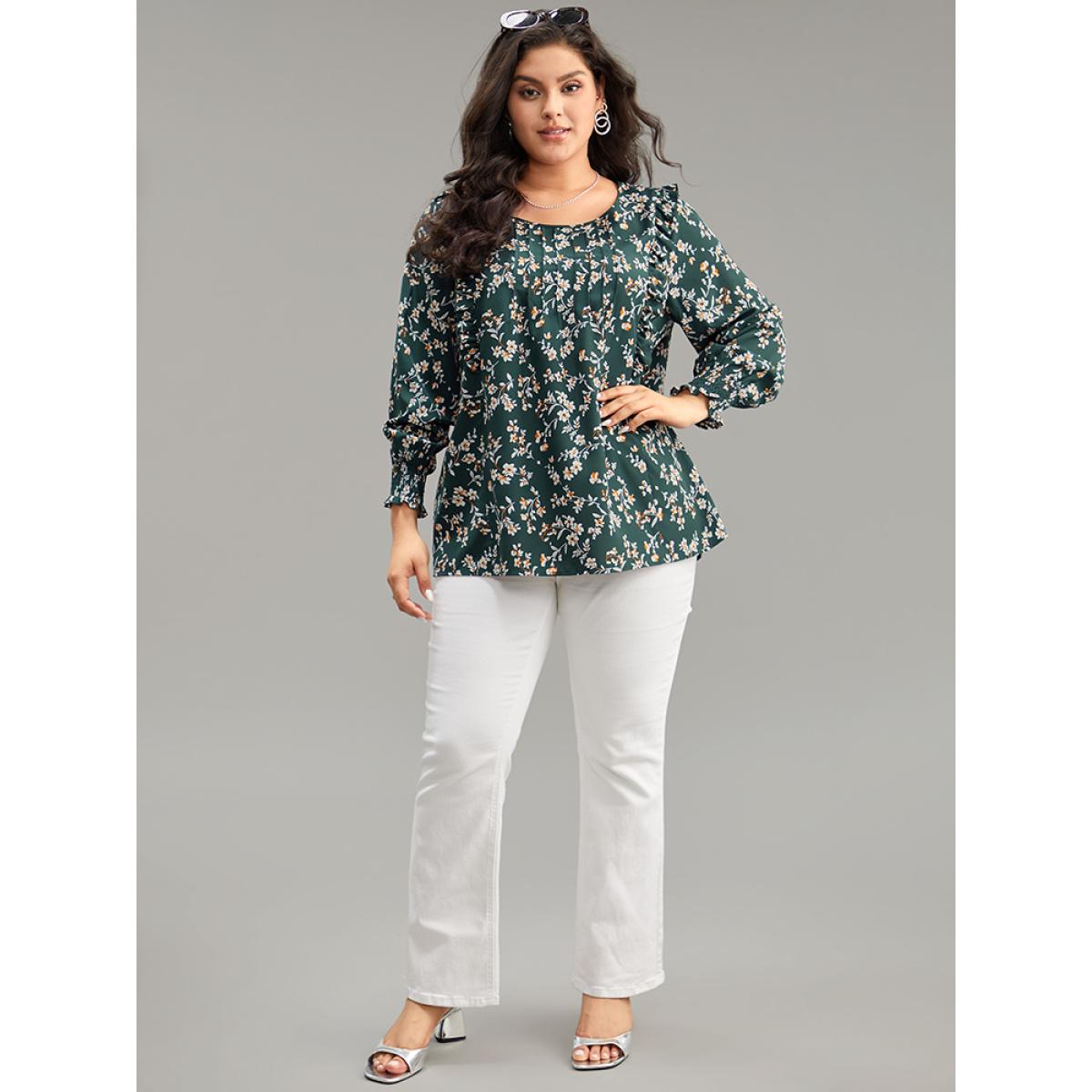 Plus Size DarkGreen Ditsy Floral Shirred Cuffs Frill Trim Blouse Women Elegant Long Sleeve Round Neck Dailywear Blouses BloomChic 26/4X Product Image