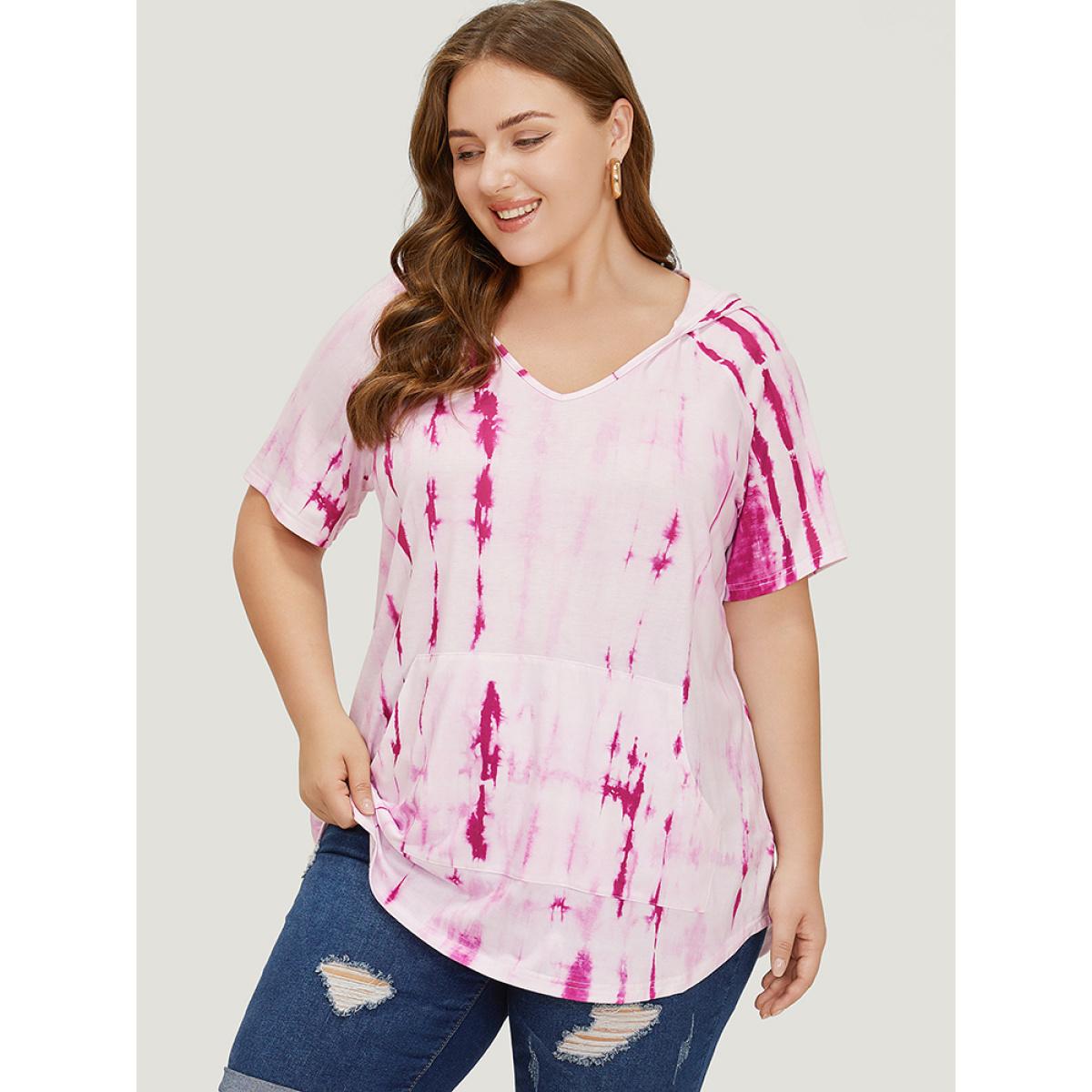 Plus Size Tie Dye Curved Hem Pocket Hooded T-shirt Multicolor Women Casual Arc Hem Tie Dye Hooded Dailywear T-shirts BloomChic 22-24/3X Product Image