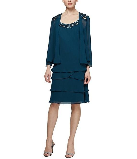 Ignite Evenings Sequin Detail Scoop Neck Long Sleeve Chiffon Tiered 2-Piece Jacket Dress Product Image