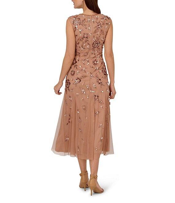 Adrianna Papell Beaded Mesh Boat Neck Cap Sleeve Dress Product Image