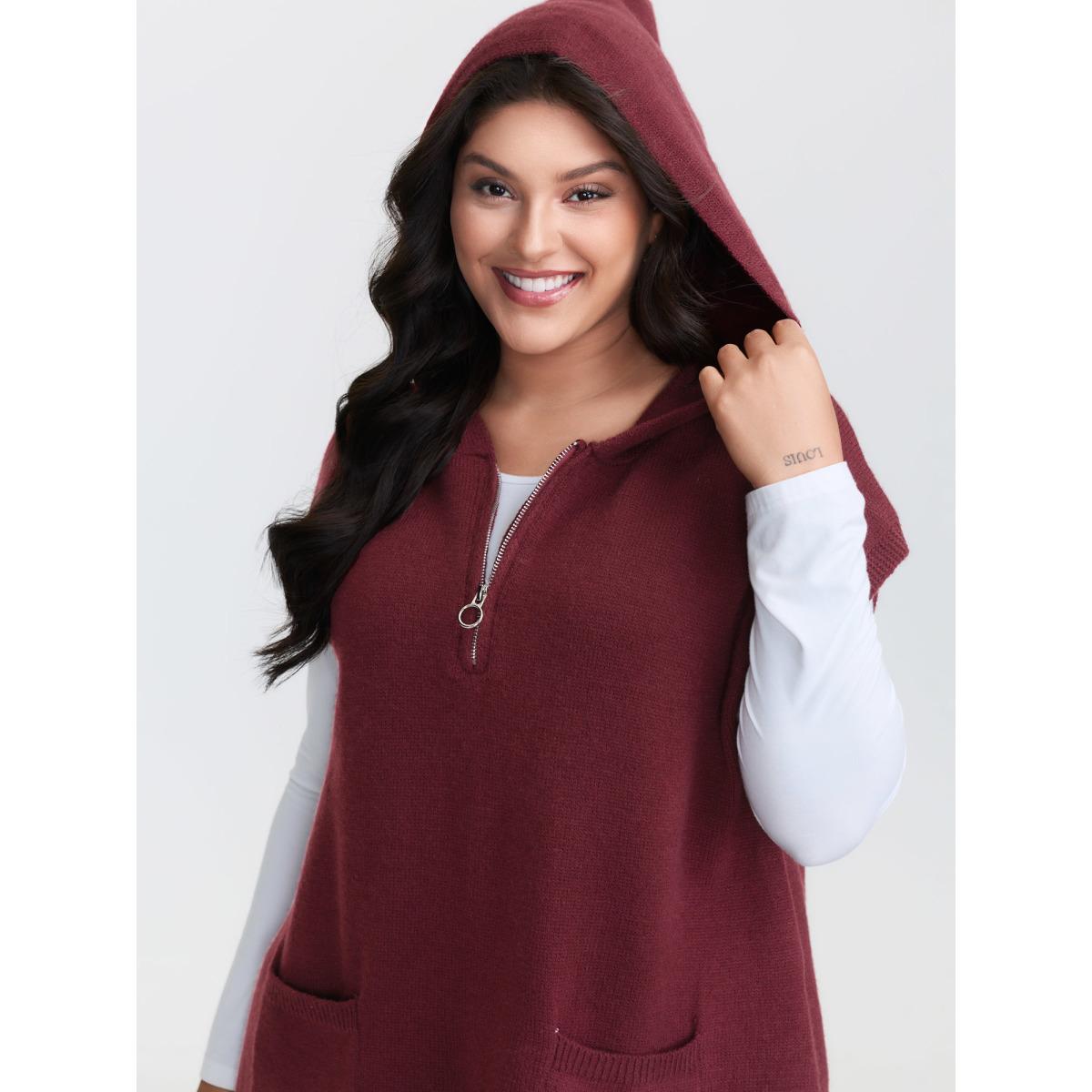 Plus Size Half-Zip Hooded Sleeveless Pocketed Pullover Burgundy Women Leisure Loose Sleeveless Hooded Casual Pullovers BloomChic 26/4X Product Image