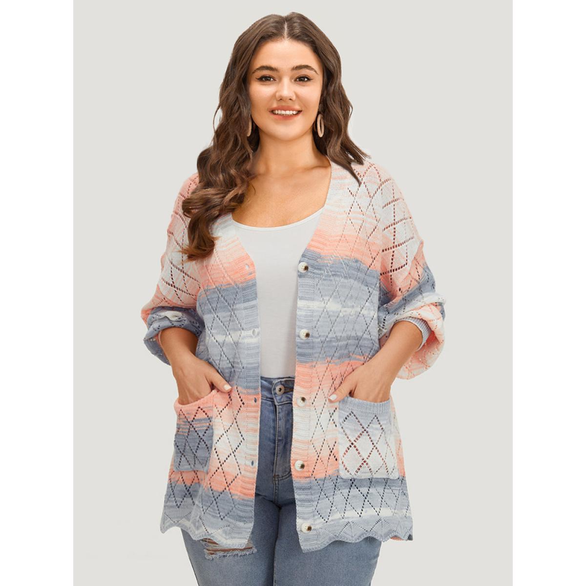 Plus Size Ombre Pocket Scalloped Trim Button Down Cardigan Coral Women Casual Loose Long Sleeve Dailywear Cardigans BloomChic 12/L Product Image
