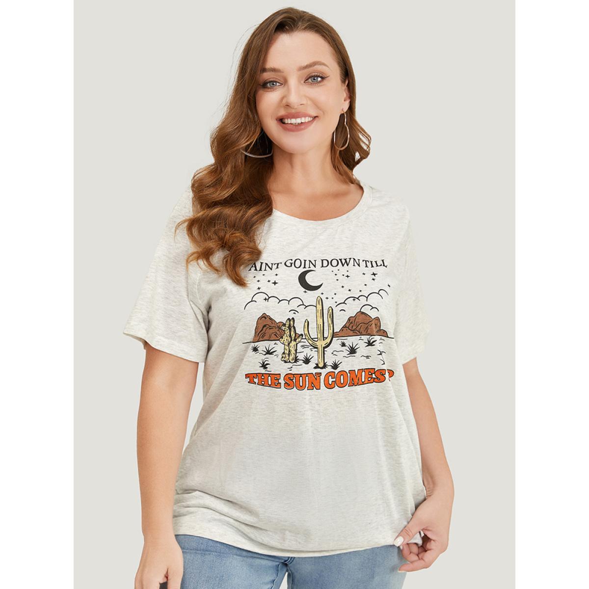 Plus Size Cactus & Letter Print Short Sleeve Graphic Tee LightGray Women Casual Western Dailywear T-shirts BloomChic 28/5X Product Image