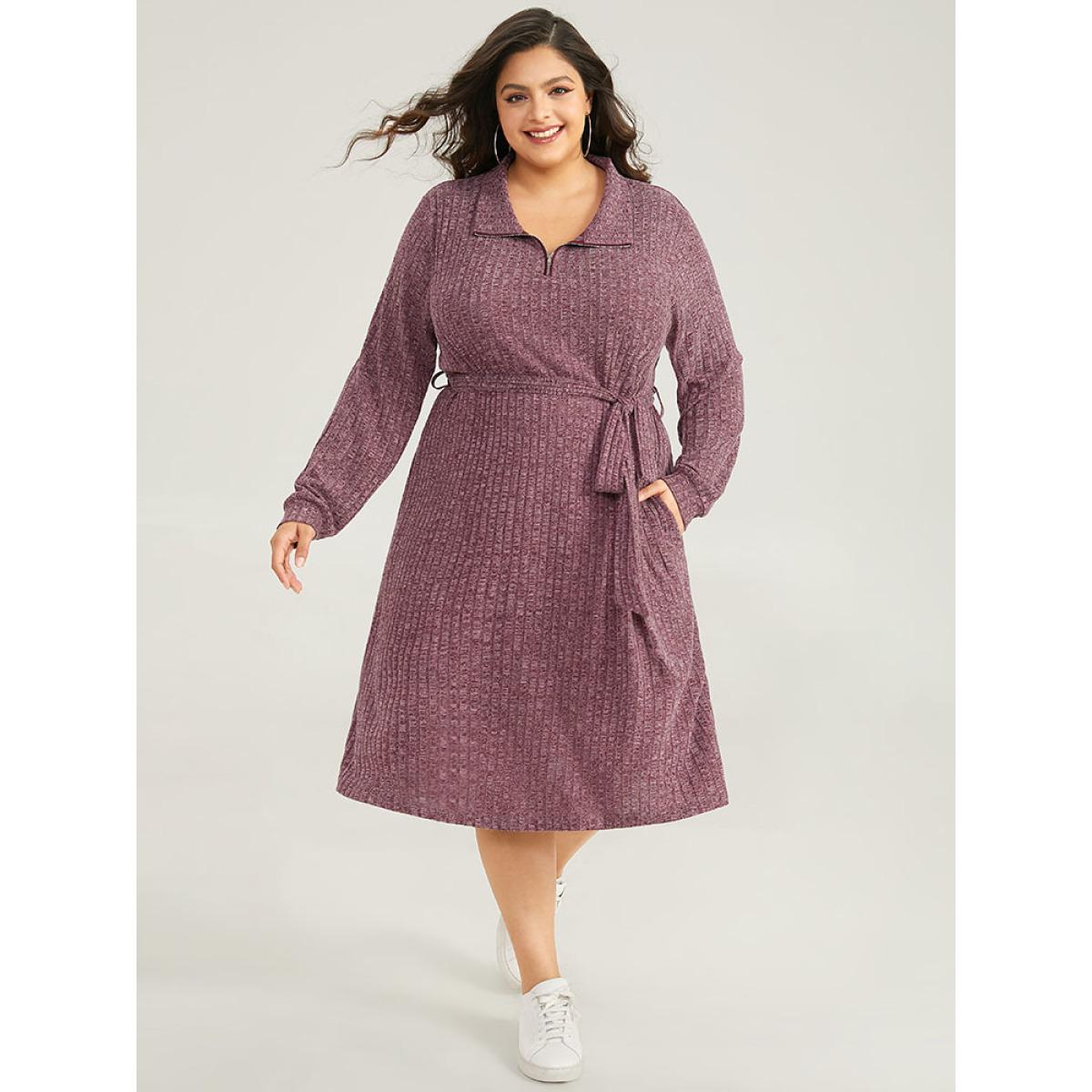 Plus Size Solid Belted Rib Knit Half Zipper Dress Scarlet Women Casual Texture Lapel Collar Long Sleeve Curvy Midi Dress BloomChic 22-24/3X Product Image