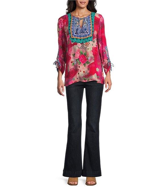 John Mark Woven Printed Split Round Neck 3/4 Sleeve Tassel Tie Tunic Product Image