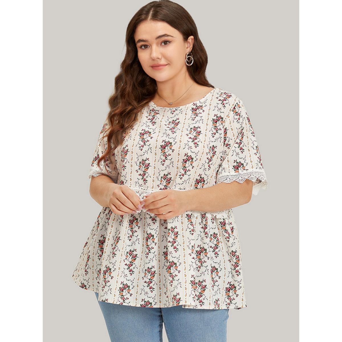 Plus Size White Ditsy Floral Lace Panel Elastic Waist Blouse Women Elegant Short sleeve Round Neck Dailywear Blouses BloomChic 14-16/1X Product Image