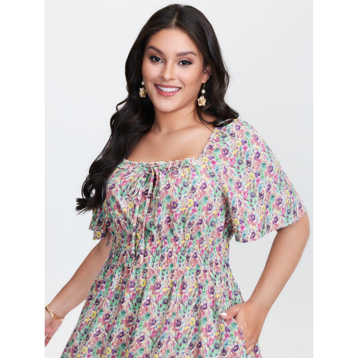Plus Size Smocked Waist Floral Ties Tiered Maxi Dress Multicolor Women Timeless Tie knot Square Neck Short sleeve Curvy BloomChic 28/5X Product Image