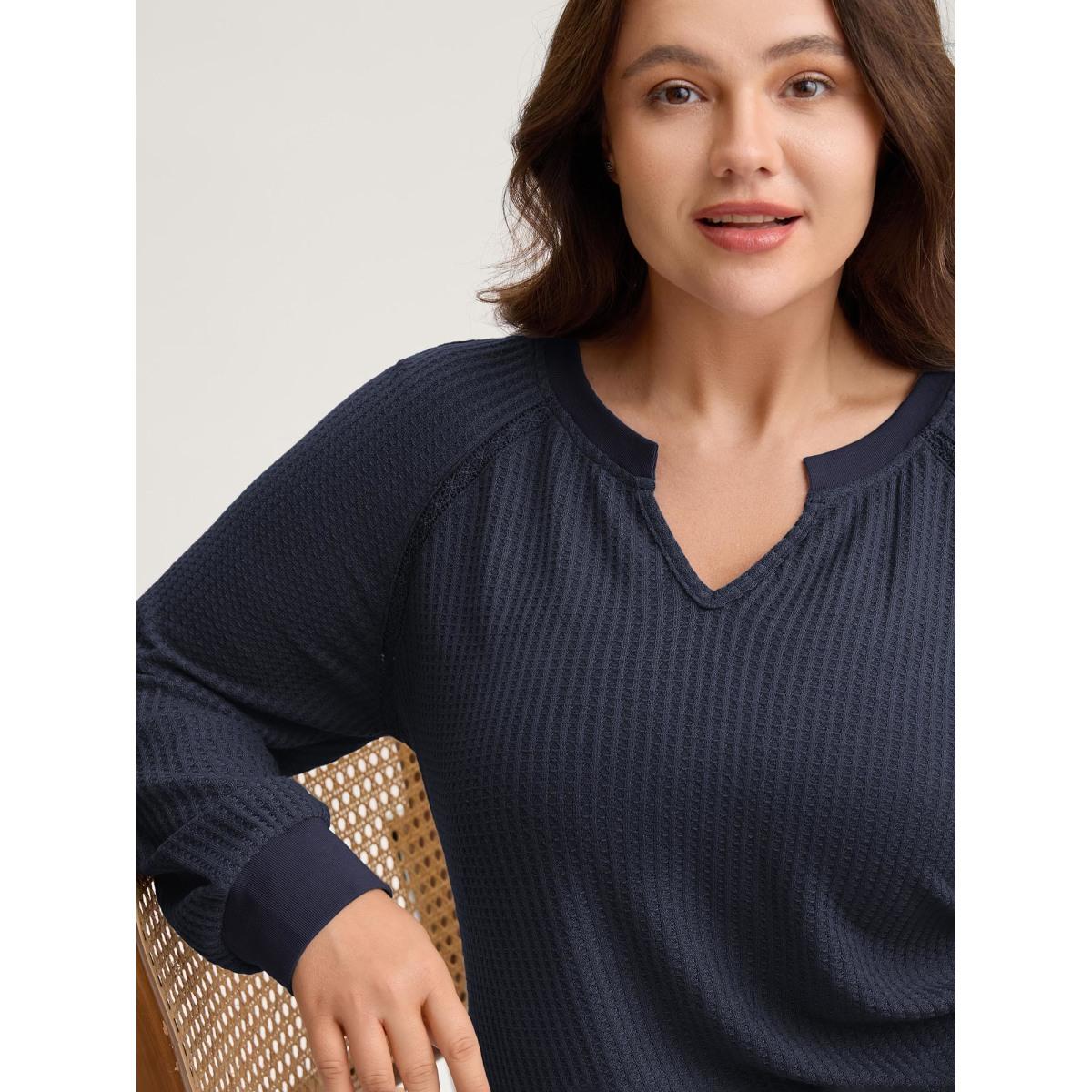 Plus Size Waffle Grid Notched Collar Lace Sweatshirt Women Black Leisure Woven ribbon&lace trim Flat collar with V-notch Casual Sweatshirts BloomChic 12/L Product Image