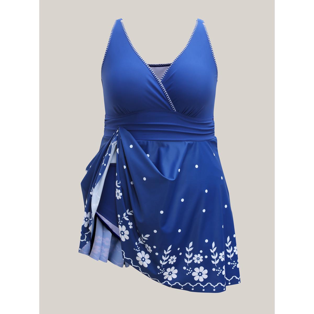 Plus Size Anti-Float Tie Floral Print Embroidered Swim Dress Women's Swimwear Mediumblue Beach Bodycon Overlap Collar High stretch Curve Swim Dresses BloomChic 28/5X Product Image