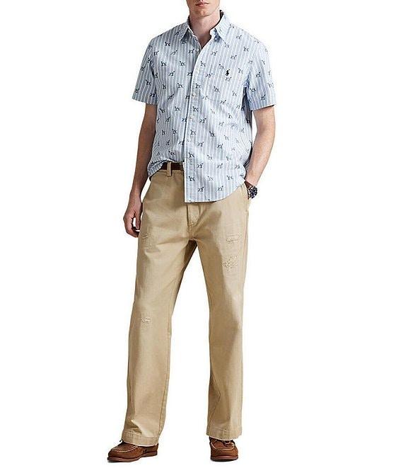 Polo Ralph Lauren Classic Fit Stripe Dog Print Short Sleeve Woven Shirt Product Image