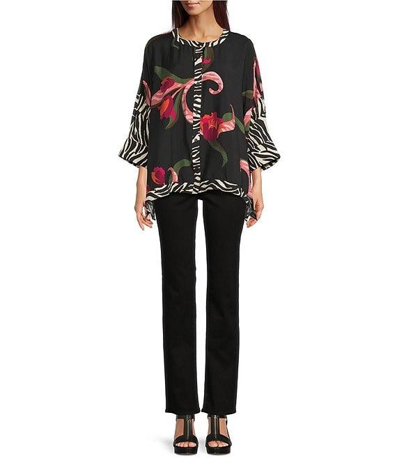 Ali Miles Woven Floral Multi Print Round Neck Elbow Dolman Sleeve Button-Front Tunic Product Image