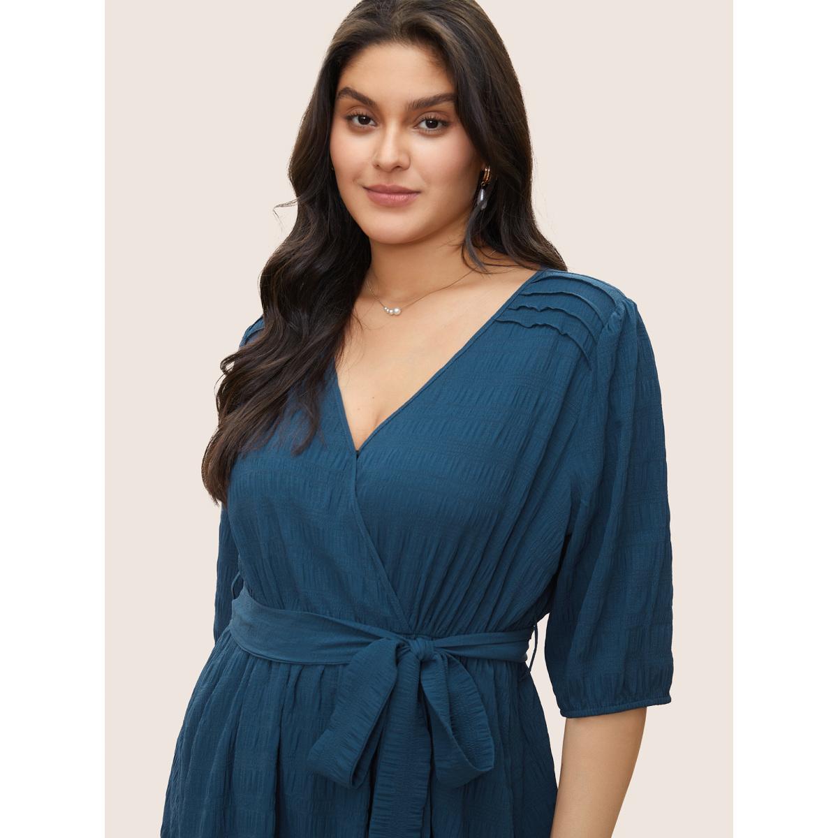 Plus Size Plisse Overlap Collar Belted Pleated Detail Dress Aegean Women At the Office Non Overlap Collar Elbow-length sleeve Curvy Midi Dress BloomChic 10/M Product Image