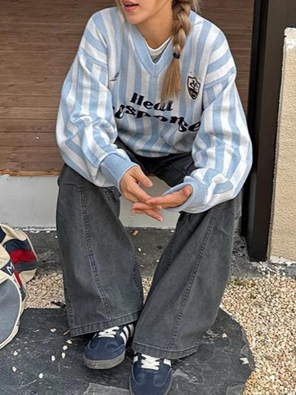 American Retro Striped V-Neck Sweater Product Image