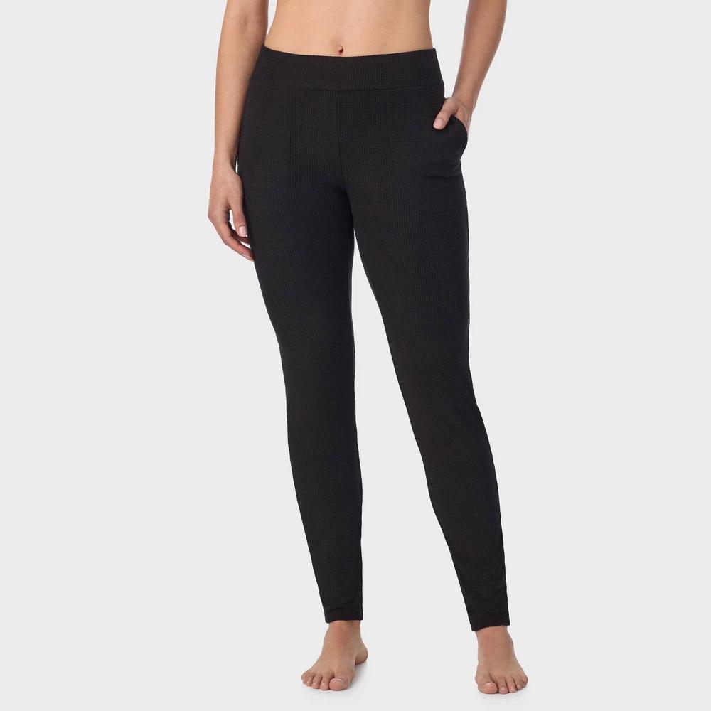 Warm Essentials by Cuddl Duds Women's Textured Fleece Thermal Leggings - Black L Product Image