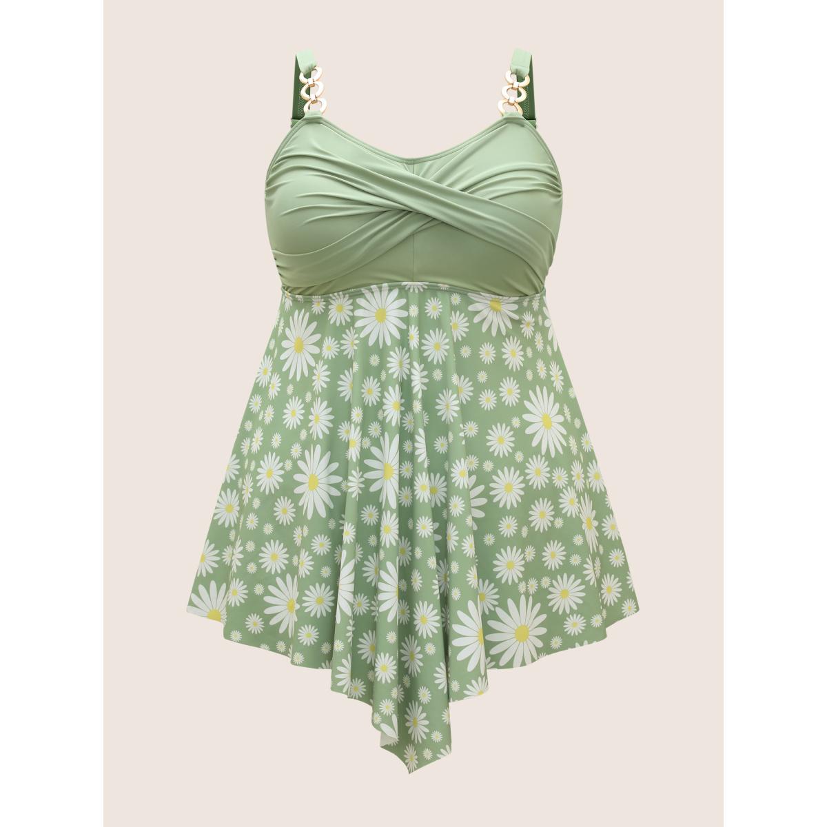 Plus Size Floral Patchwork Twist Front Buckle Detail Swim Dress Women's Swimwear LightGreen Beach Bodycon Heart neckline High stretch Curve Swim Dresses BloomChic 12/L Product Image