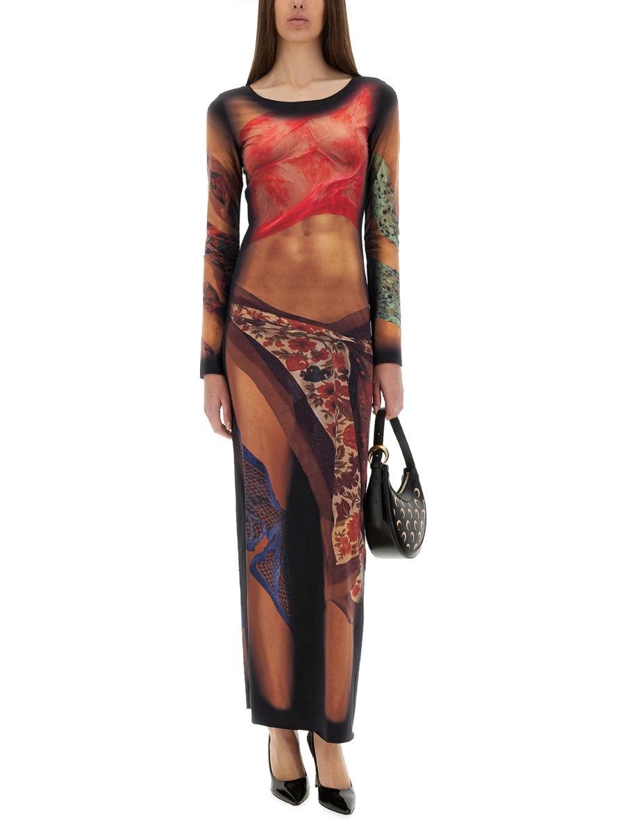 MARINE SERRE Multicolor Long Dress With All-over Graphic Print In Tech Fabric Woman In Beige Product Image