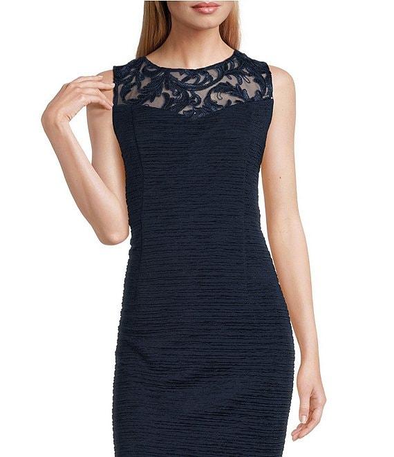 Le Bos Round Neck 3/4 Sleeve Embroidered Mesh Trim Textured 2-Piece Jacket Dress Product Image