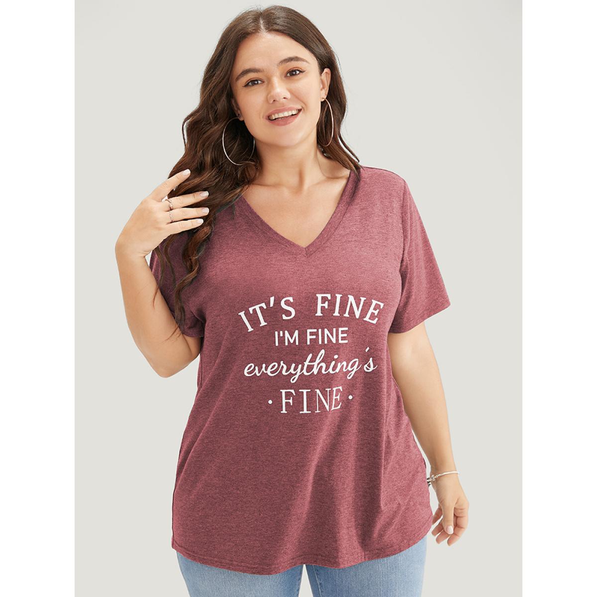 Plus Size Letter Print V Neck T-shirt Russet Women Casual Positive slogan Dailywear T-shirts BloomChic 14-16/1X Product Image