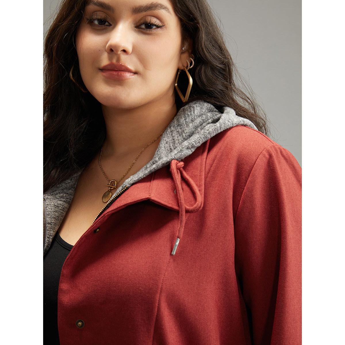 Plus Size Two Tone Hooded Drawstring Zipper Jacket Women Russet Contrast Pocket Everyday Jackets BloomChic 22-24/3X Product Image
