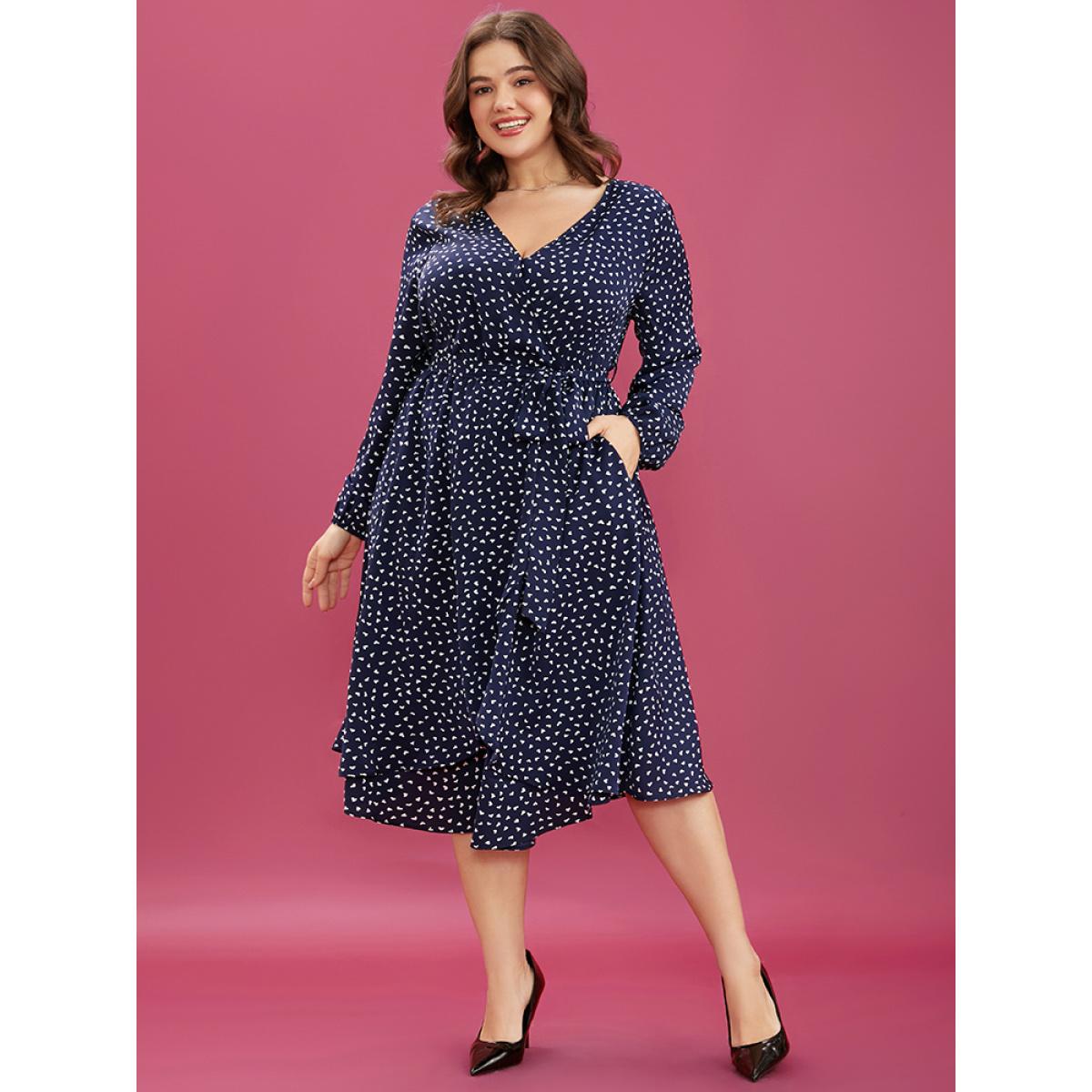 Plus Size Heart Print Surplice Neck Pocket Asymmetrical Belted Flutter Dress Navy Women Elegant Pocket V-neck Long Sleeve Curvy Midi Dress BloomChic 10/M Product Image