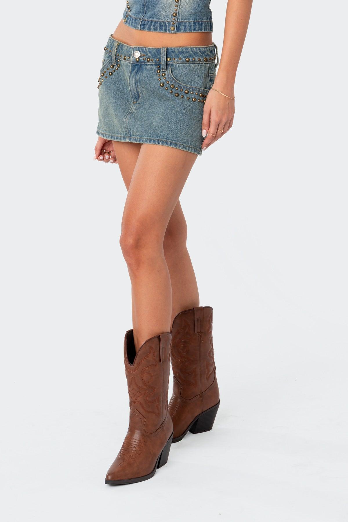 Studded Low Rise Washed Denim Mini Skirt Product Image